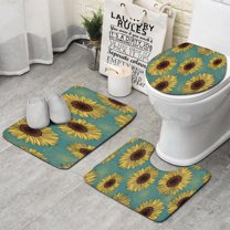 Blue Sunflower Pattern Bathroom Rugs Sets 3 Piece,Toilet Cover Set,Absorbent Non Slip Bathroom Mats Sets with U-Shaped Contour Rug Toilet Rug Set