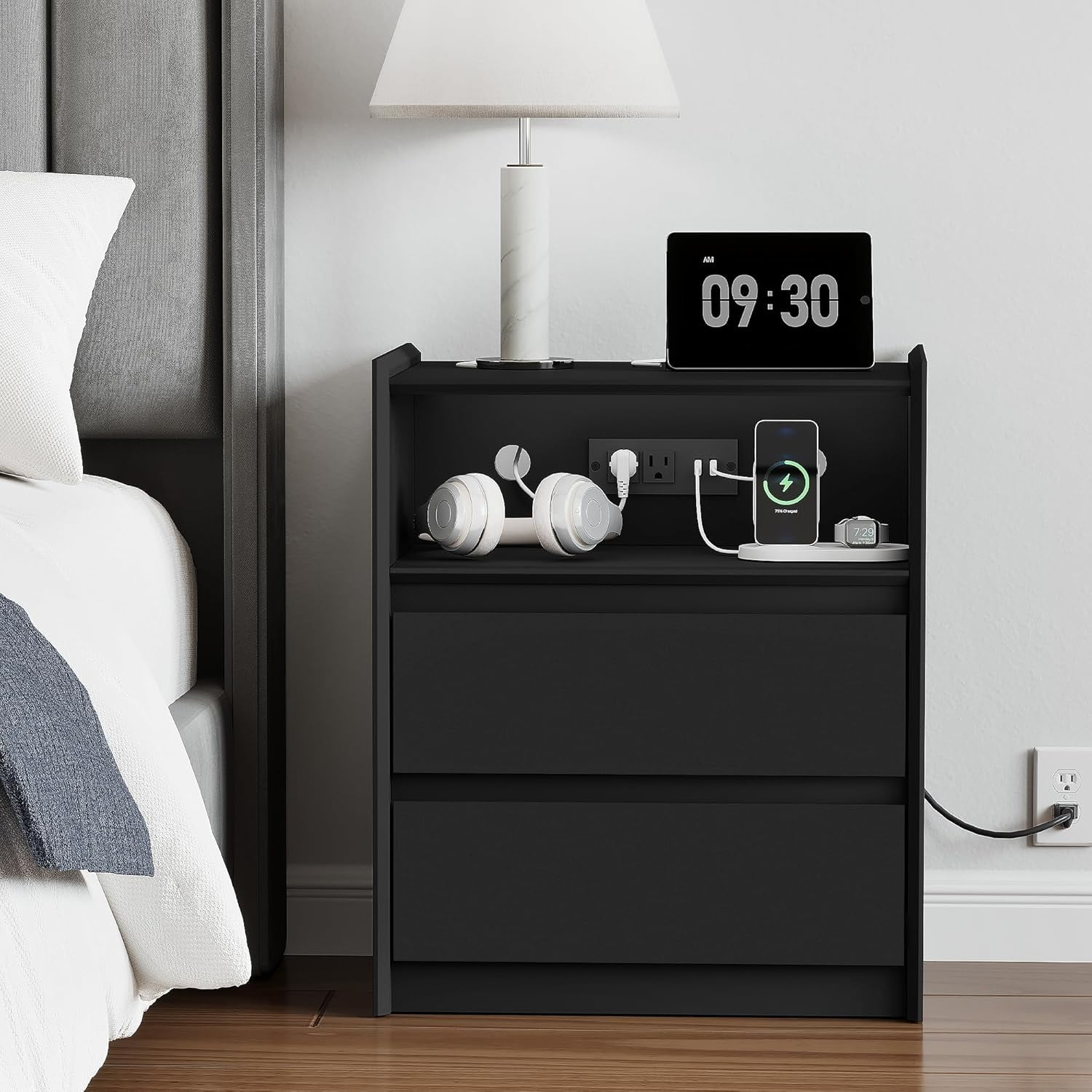 2 Drawers Black Nightstand with Charging Station, 24" Tall Bedside Table End Table for Bedroom or Living Room