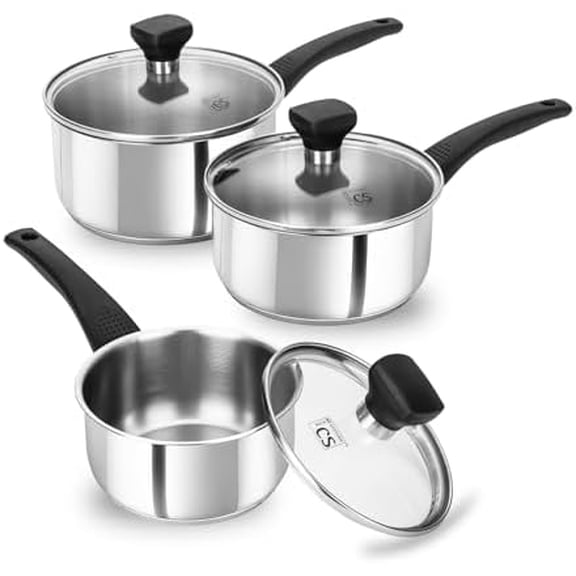 Stainless Steel Sauce Pan with Lid, 1QT & 2QT & 3QT Stainless Steel Saucepan Set with Bakelite Handles, Non Toxic Sauce Pot for Cooking, Induction Compatible & Dishwasher Safe, 6PCS