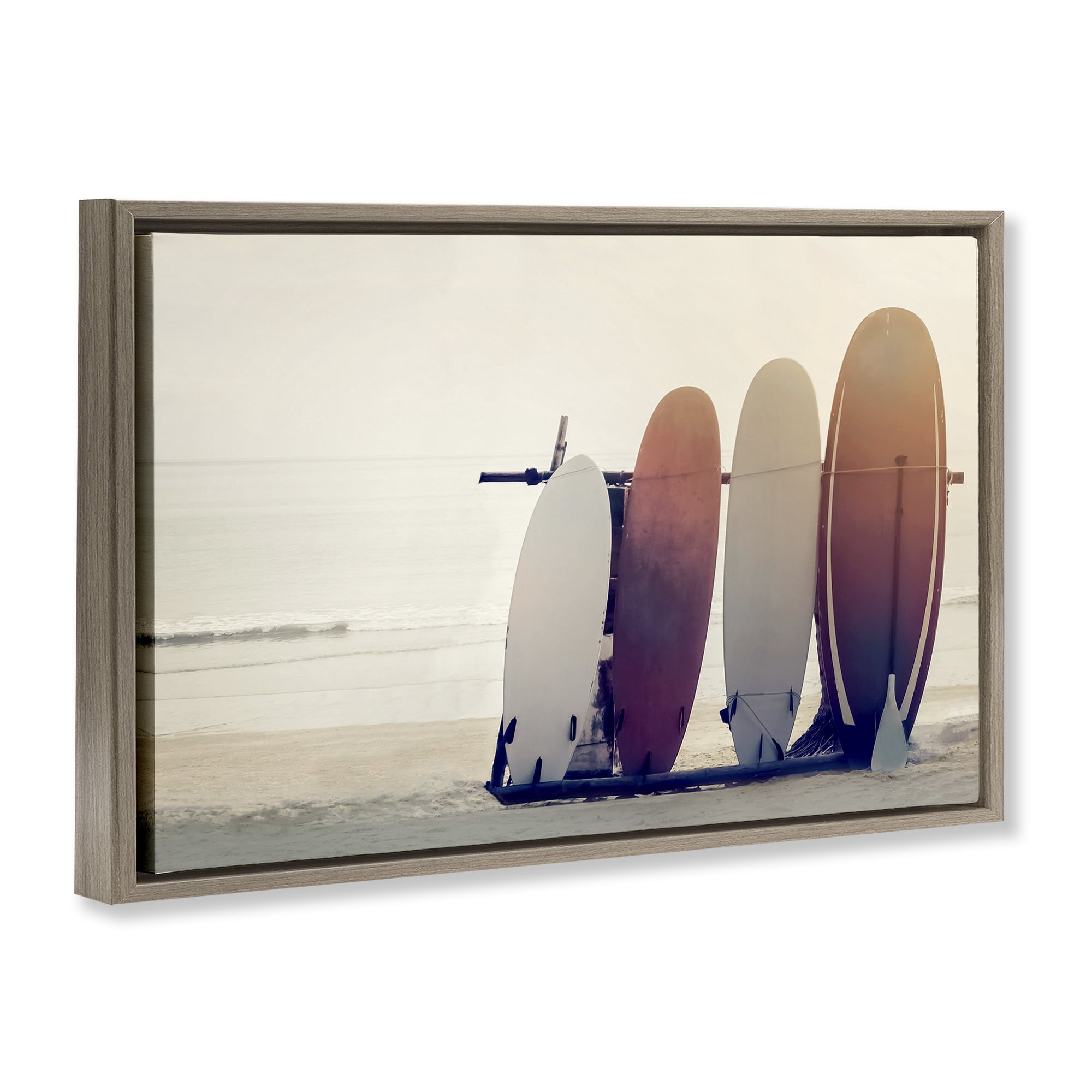 Stupell Industries Beach Surfboards Leaning Landscape Photography Brown Floater Framed Canvas Art Print Wall Art, 25 x 17