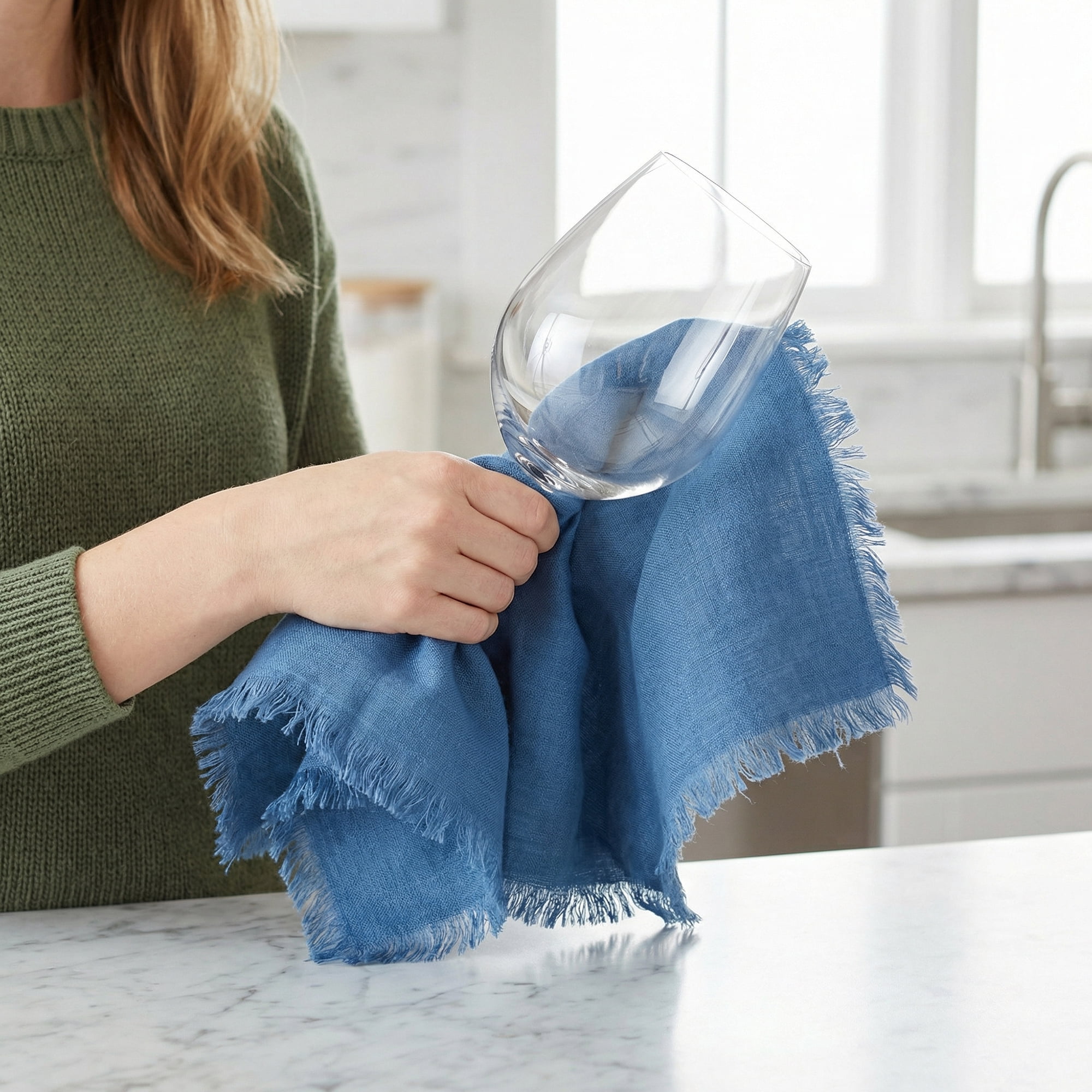 Unique Bargains Soft Absorbent Cotton Linen Kitchen Towels 4 Pack Blue 18" x 18"