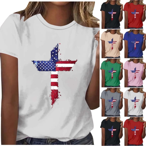 Hilenly Patriotic Graphic Tees for Women 4th of July Independence Day Shirt Short Sleeve Cross American Flag T-Shirt