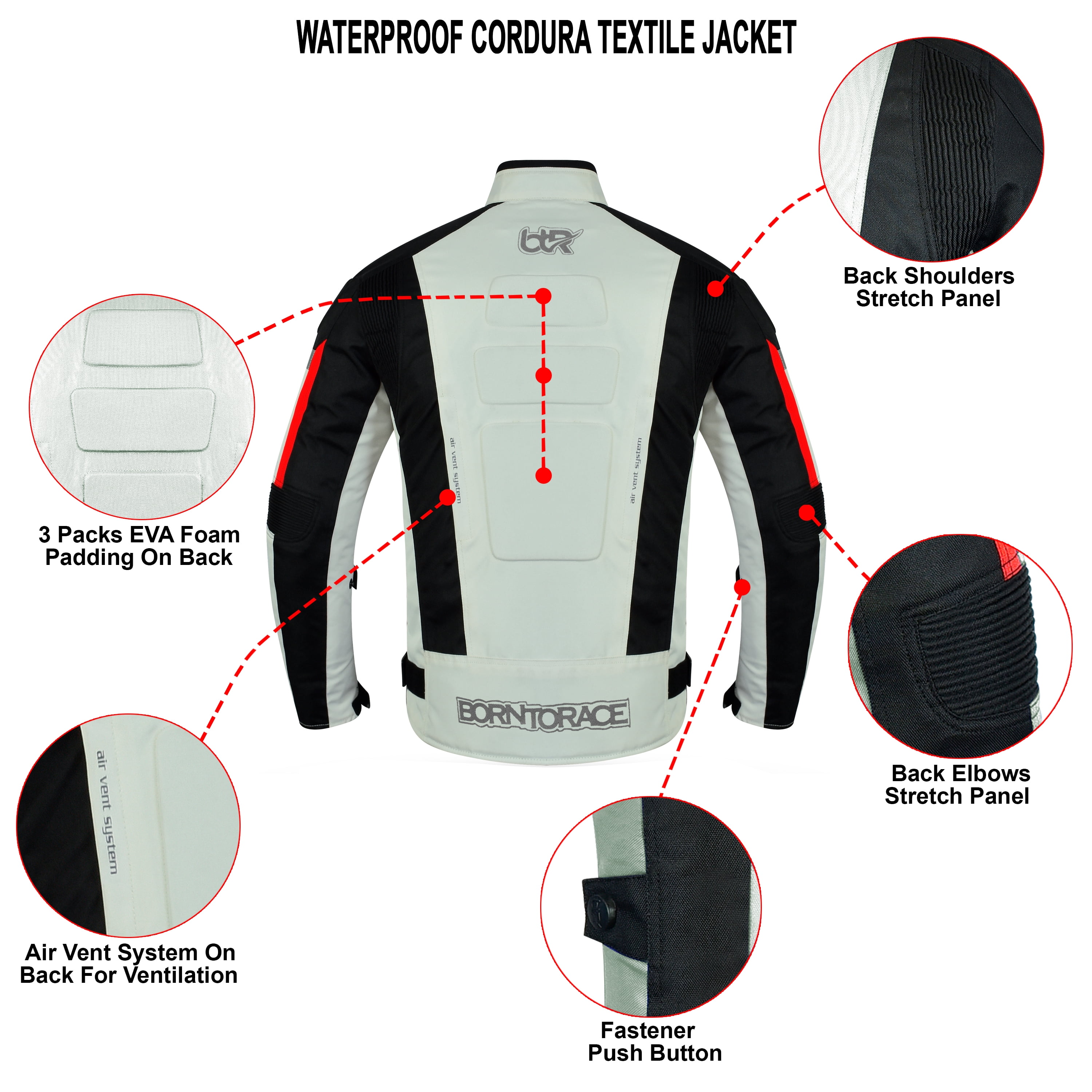 Men’s Waterproof Motorcycle Textile Jacket, All-Season Touring Riding Jacket with EVA Foam Padding, Air Vents, YKK Zipper, Adjustable Fit Grey-2XL
