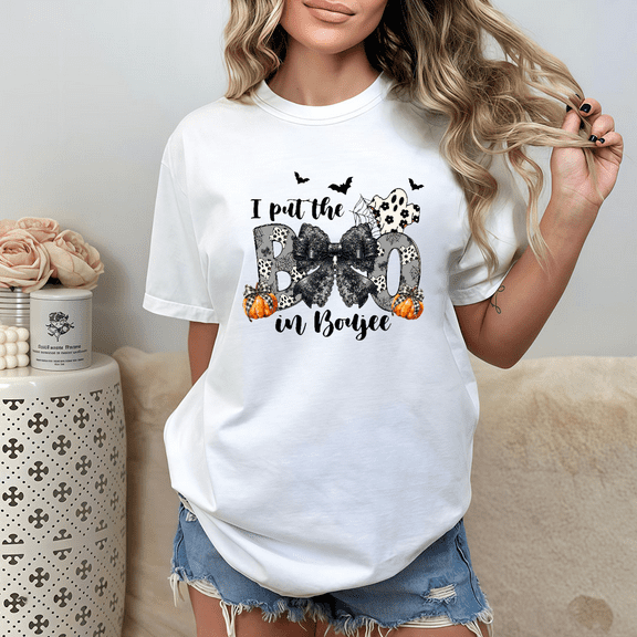 Women's Halloween Graphic T-Shirt, Boujee BOO Print with Pumpkin and Leopard Bow, Casual Short Sleeve