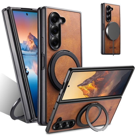 ELEHOLD For Samsung Galaxy Z Fold 5 Case,Compatible with Mag Safe Accessories, Luxury PU Leather 360° Magnetic Ring Kickstand Slim Shock-Absorbent Case for Samsung Galaxy Z Fold 5,Brown