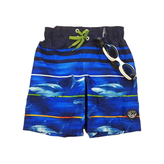 Zeroxposur Boys Blue Shark Board Shorts Swim Trunks Set With Goggles Medium 5-6