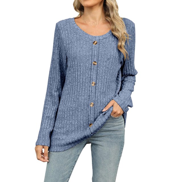 HKEJIAOI Hauts pour Femmes Pulls Décontractés d'Automne avec Boutons Décoratifs Manches Longues Col Rond Mode 2024 Tunique Bleue 2TG