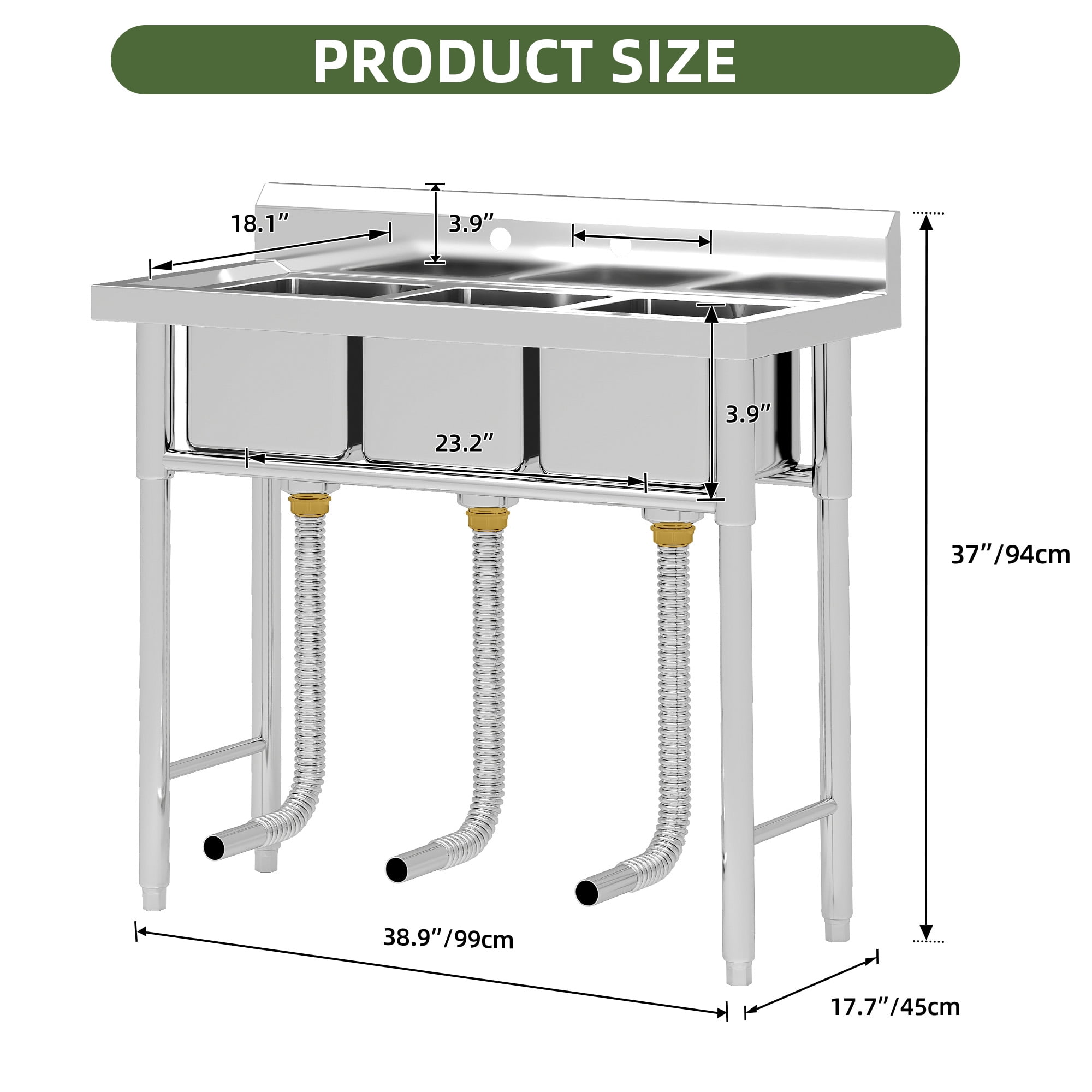 Uforic Stainless Steel Utility Sink, 3 Compartment Commercial Sink for Kitchen, Restaurant, Laundry, Garage