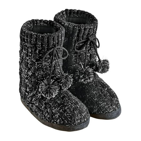 Lurex Cable Knit Slipper Boots with Fleece Lining, Fun Pom Poms, Extra Warm and Flexible, Mid-Calf