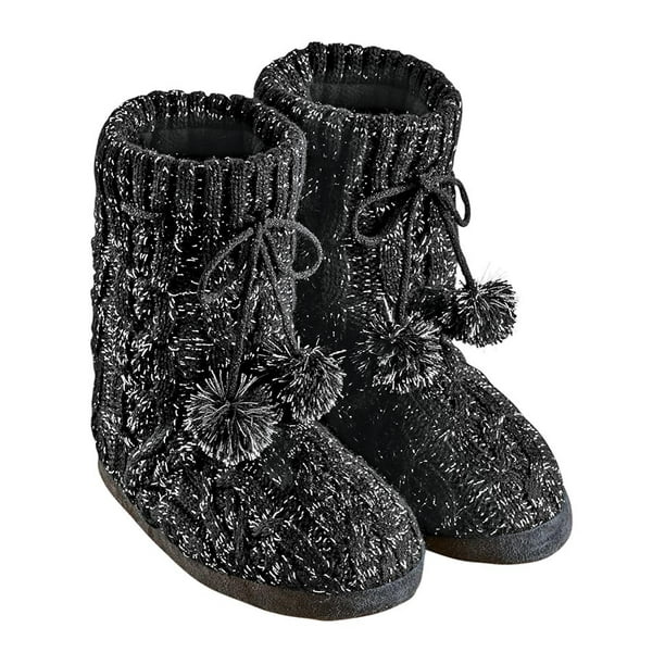 Lurex Cable Knit Slipper Boots with Fleece Lining, Fun Pom Poms, Extra Warm and Flexible, Mid-Calf