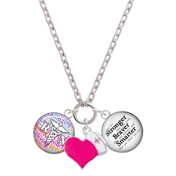 Delight Jewelry Silvertone Domed Multi Color RN - Hot Pink Heart Nurse Strong Zoe Necklace