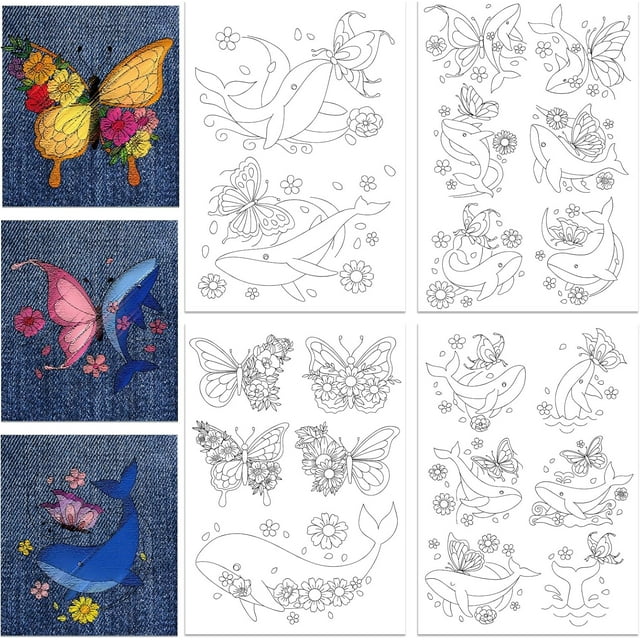 Papel de bordado soluble en agua con diseño de mariposas y ballenas, 4 estilos, 19 piezas, para tallar camisas, abrigos, bolsos y toallas.