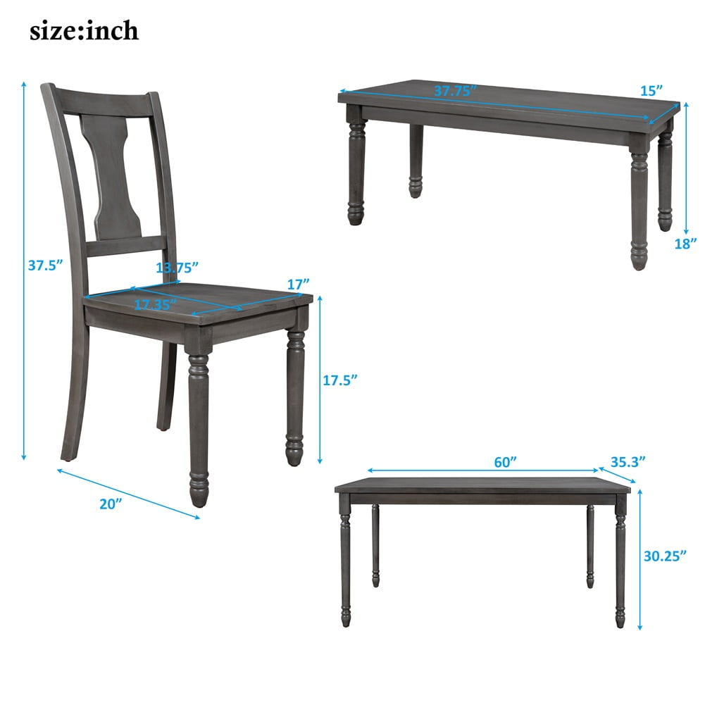 Lowestbest Classic Dining Set, Wooden Table and 4 Chairs with Bench for Kitchen, Dining Room, Gray (Set of 6) Lowestbest Classic Dining Set, Wooden Table and 4 Chairs with Bench for Kitchen, Dining Room, Gray (Set of 6)