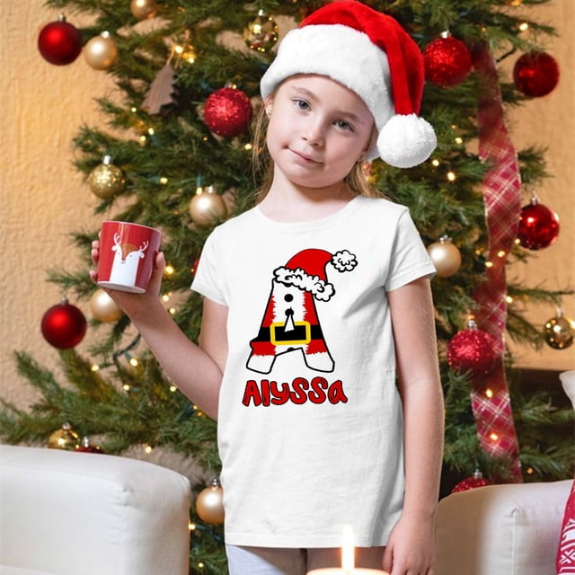 Camiseta personalizada con inicial y nombre, camiseta navideña para niños, ropa para niños, camisetas para niños y niñas, atuendo de fiesta, regalo de vacaciones para niños