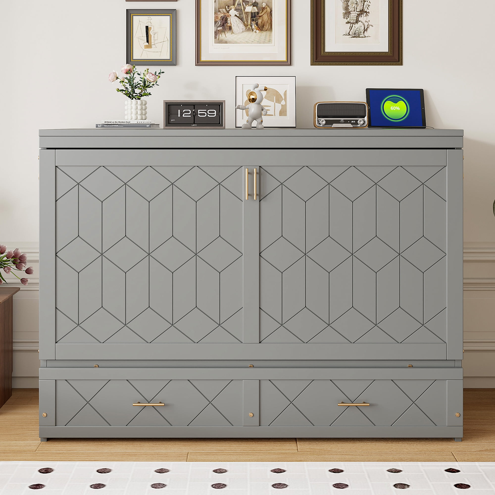 Mintazer Queen Murphy Bed with Storage Drawer & Charging Station, Modern Foldable Cabinet Bed with Geometric Pattern for Bedroom Apartment Guest Room, White
