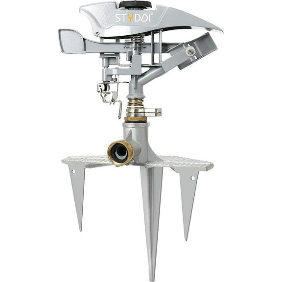 STYDDI Professional Heavy Duty Pulsating Sprinkler with 3-Pronged Spike, Metal Impact Sprinkler on Metal Spike Cover up to 8500 Sq.ft, Adjustable Circular Sprinkler for Extra-Large Areas, Yard, Lawn