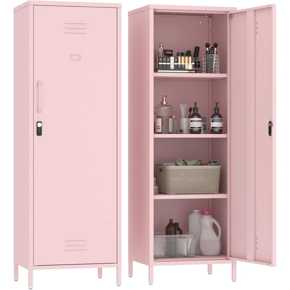 59.06" H Pink Metal Locker Storage Cabinet with Locking Door, 2 Shelves - Kids, Tool, File Cabinet for Bedroom, Home Office, Garage, Bathroom