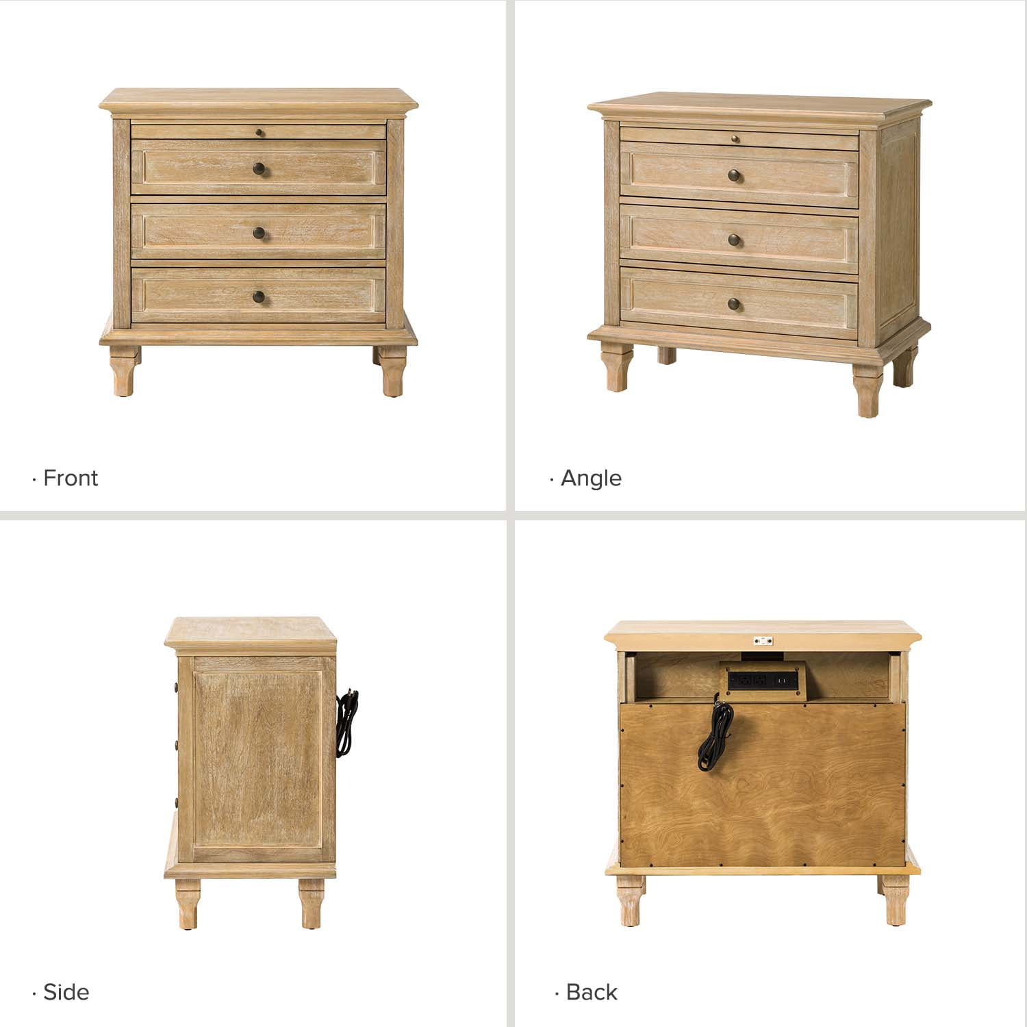 Tina's Home Farmhouse Natural Soild wood End Tables Set of 2 with Charging Station, 3 Drawer Side Table with Pull-Out Tray for Living Room, Small Spaces
