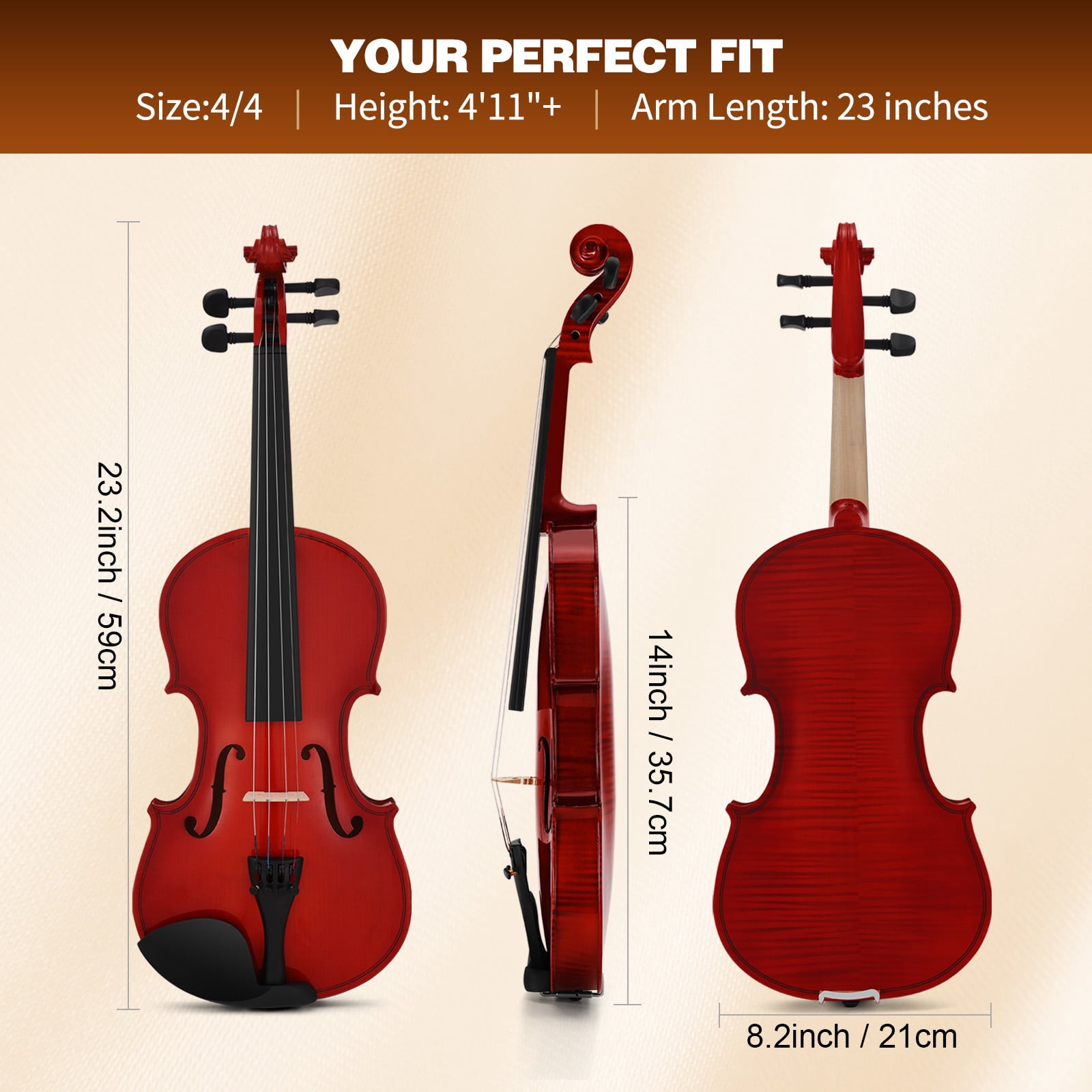 MUSTAR 4/4 Full Classic Violin Set with Bow, Rosins, Hard Case, Mute, Fingerboard Stickers, Shoulder Rest, Beginner Kit (Red Brown)
