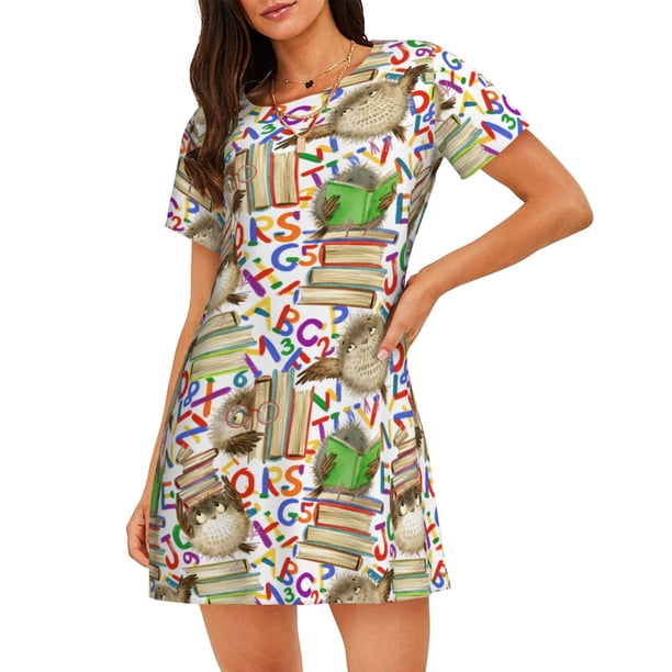 Easygdp Owl Back To School Camisón de manga corta para mujer, informal, estampado