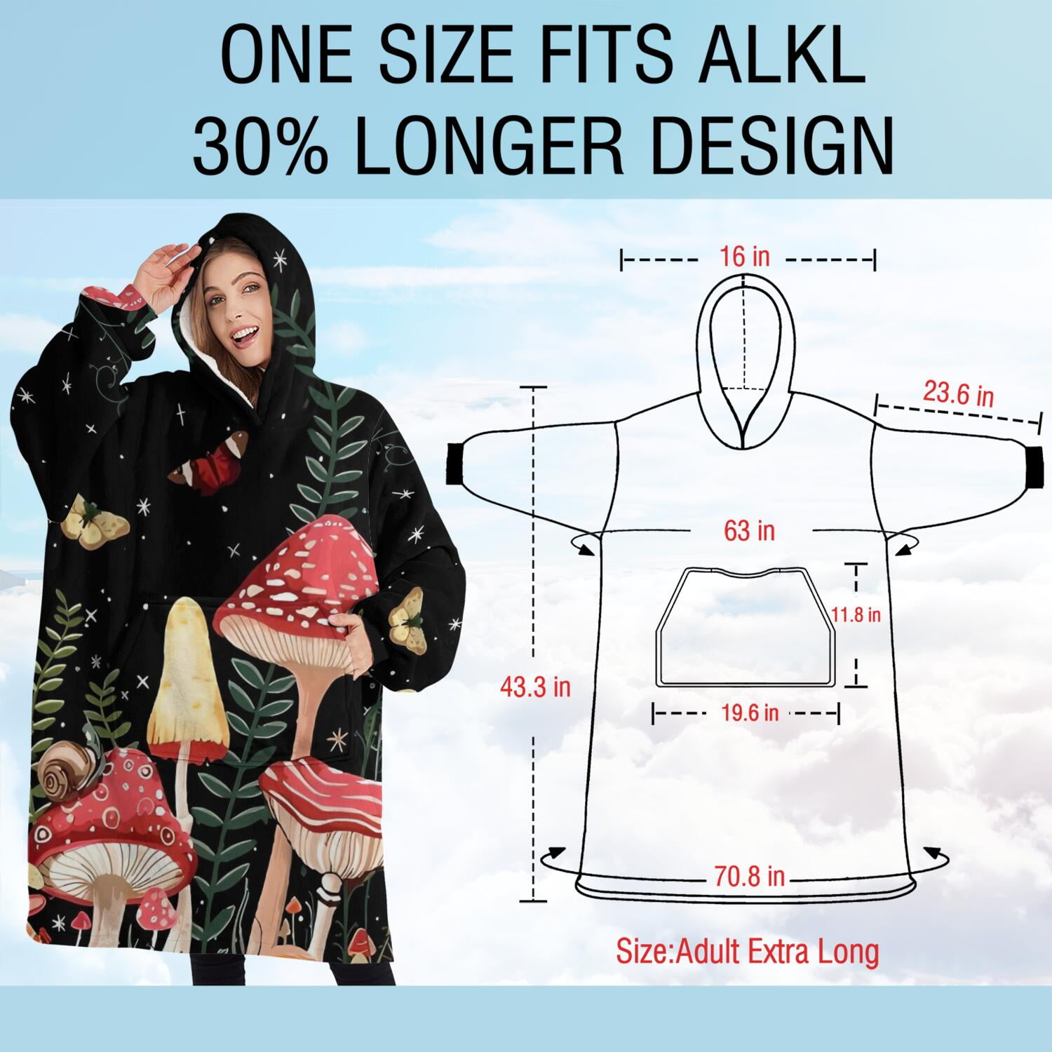 Oversized Wearable Blanket Hoodie,Red Mushroom Butterfly Black Pattern Sherpa Blanket Hoodie with Super Pockets,Super Warm Fuzzy Pullover for Women & Men