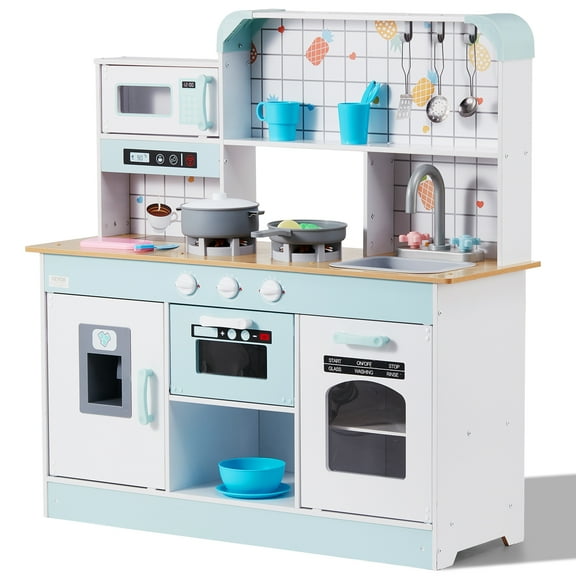 VEVOR Play Kitchen for Kids, Wooden Toy Kitchen Set with Lights and Sounds, Toddler Kitchen with Ice Maker, Oven, Sink, Microwaves, Fridge and Utensil and Fruit Accessory for Toddlers ages 3-8,White