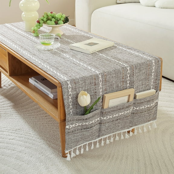 YGUII Linen Rectangle Tablecloths Coffee Table Cloth, Table Cover with Pockets and Tassel Dust Cover