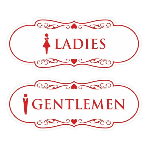 Designer Ladies and Gentlemen Figurines Restroom Signs, Set of 2 (White/Red) - Large