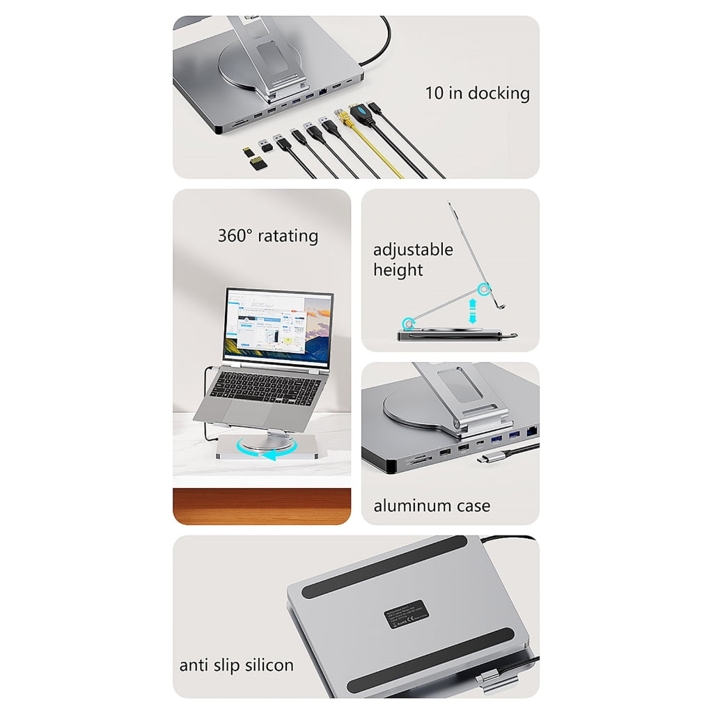Laptop Stand and Docking Station Featuring 10 Port and 360 Degree Rotation Notebook Holder for and Home PD100W
