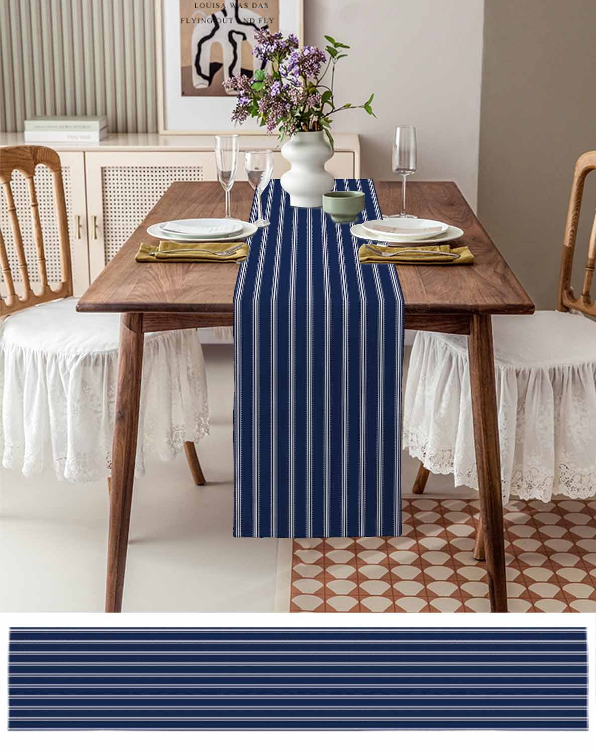 ERUNPONLY Navy Blue Striped Table Runner - 48 Inch Long Navy Blue White Farmhouse Stripes Cotton and Linen Blended Dress Scarves Farmhouse Table Runner for Kitchen Dining, Coffee Table, 13" x 48"
