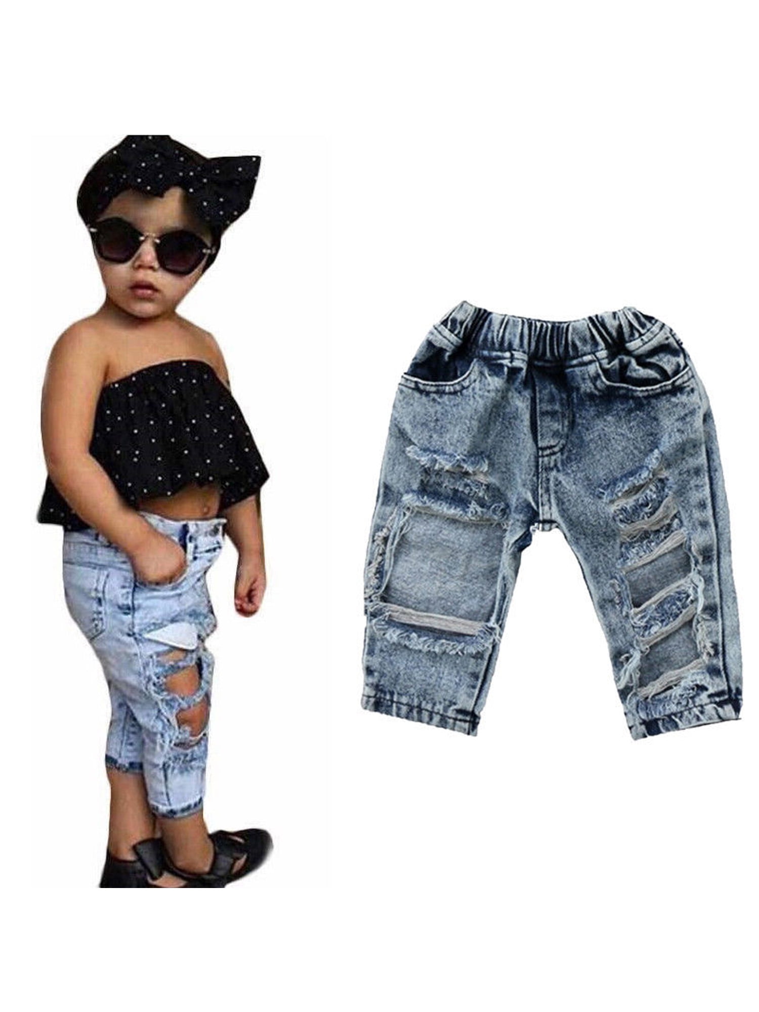 Toddler Baby Boy Girl Denim Pants Little Girl Elastic High Waist Ripped Jeans Broken Hole Trousers Leggings - Walmart.com
