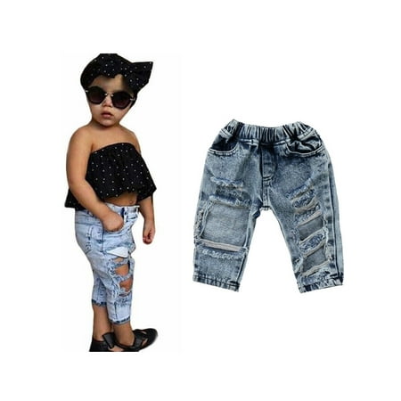 

Toddler Baby Boy Girl Denim Pants Little Girl Elastic High Waist Ripped Jeans Broken Hole Trousers Leggings Outfit
