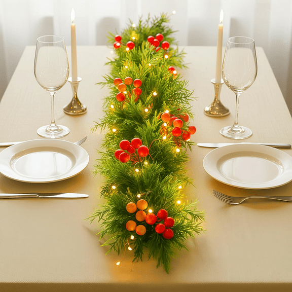 Ninonly 2 Pack Christmas Garland with Yellow Berries, 5.9 FT Pre-lit Christmas Garland with 70 LED Lights, Battery Operated Xmas Garland for Door Mantel Stairs Fireplace Indoor Decoration