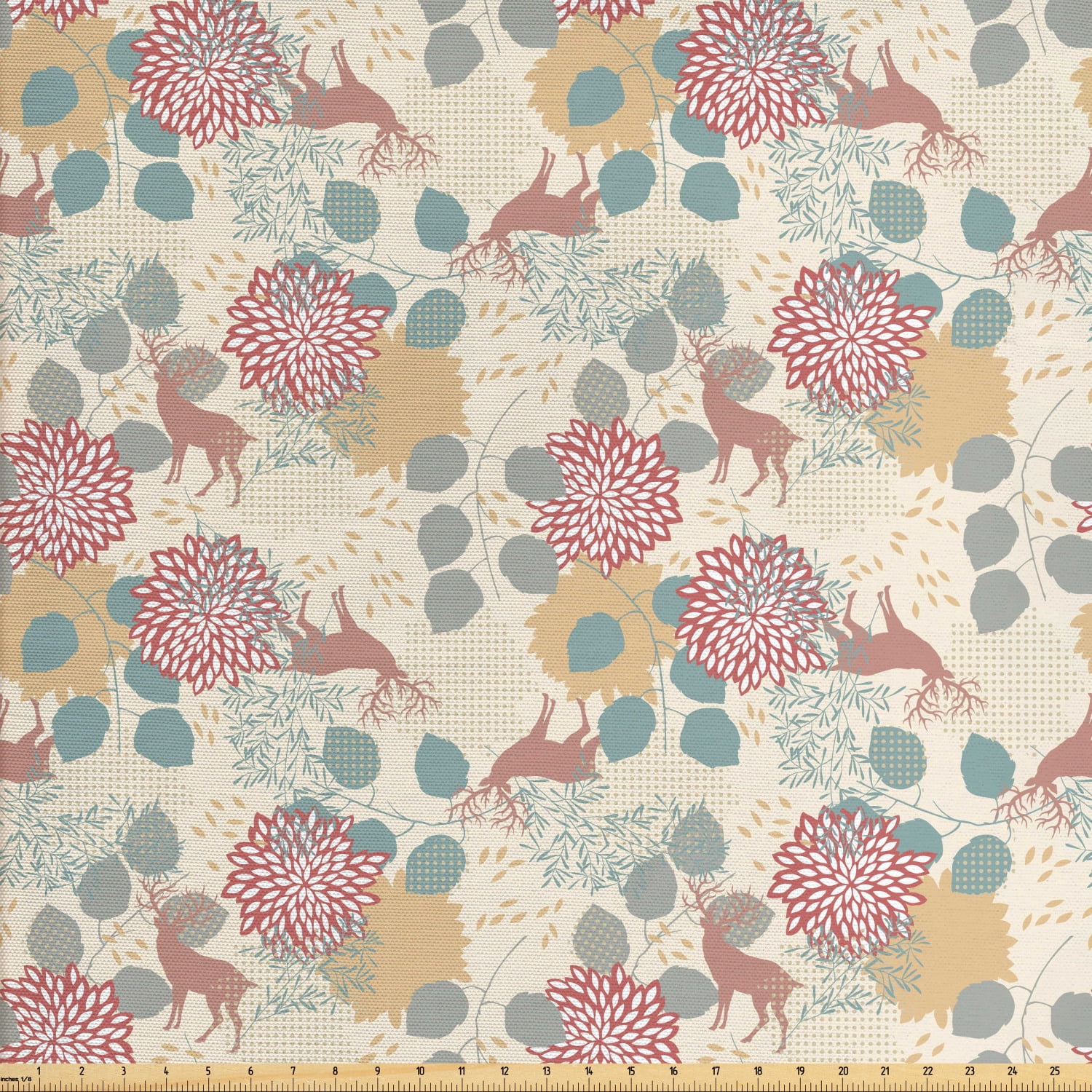 Woodland Fabric by the Yard Upholstery, Botanical Elements with Deers