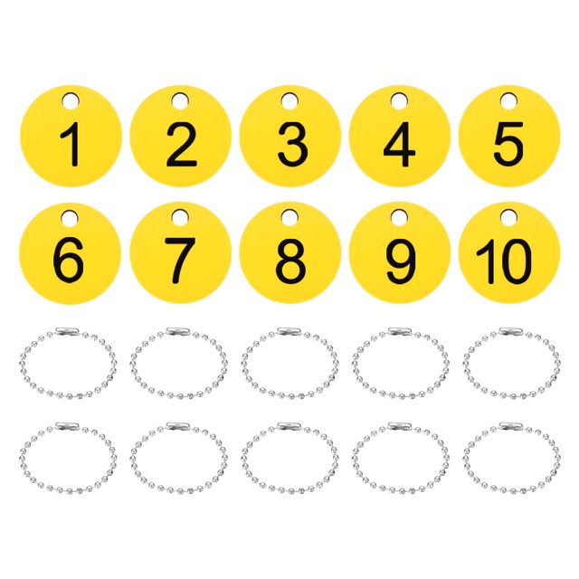 1-10 Number Tags, 10Pcs Round ID Number Key Tags Plastic Numbered Keychain with Key Rings for Luggage Lockers Organizer Field Sales Hangers Clothes Labels, Black-Yellow
