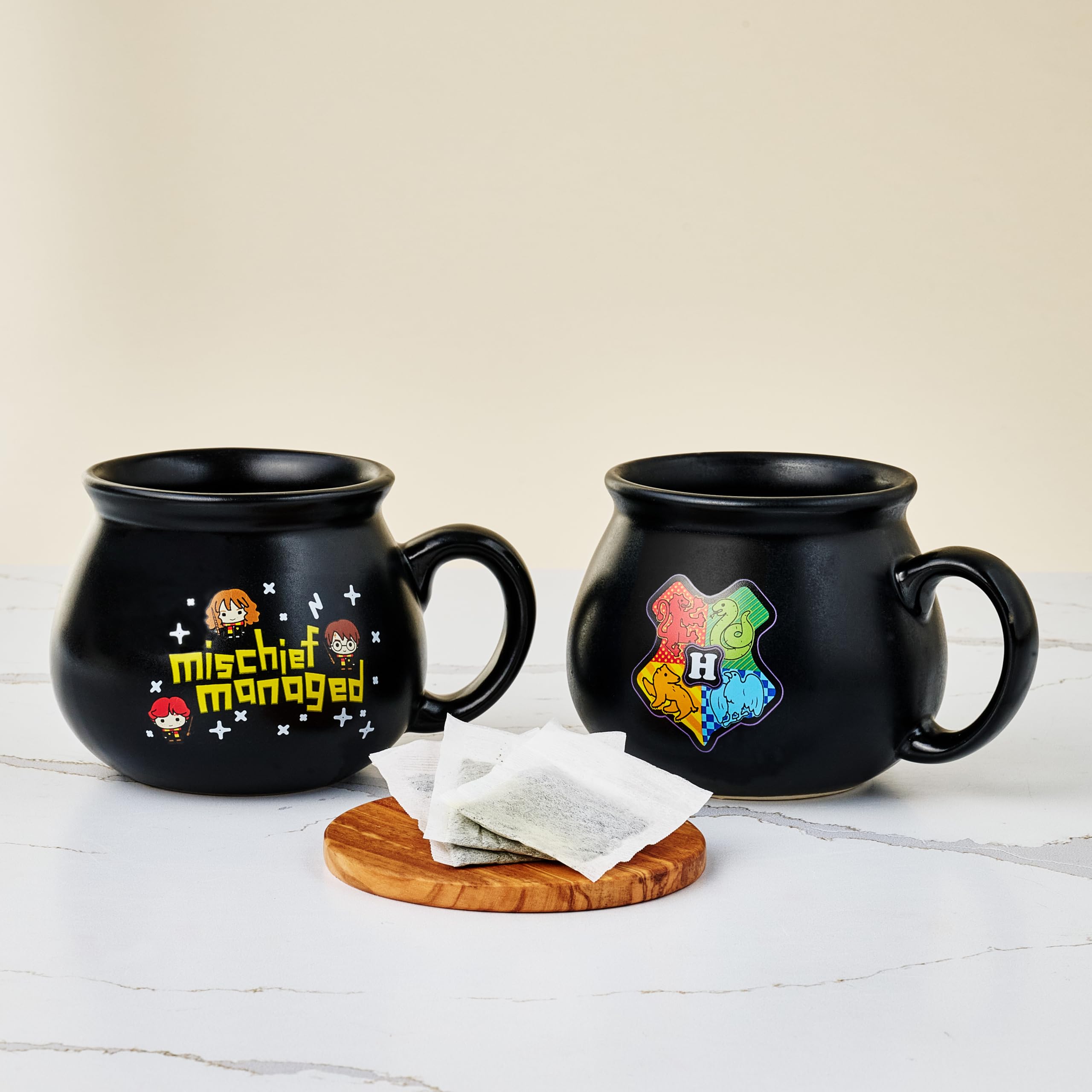 Thoughtfully HARRY POTTER Character Tea Assortment Gift Set, Includes a Pair of Cauldron Mugs and 36 Black and Green Tea Bags in 9 Flavors