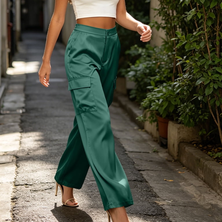 Mifsaly Womens High Waisted Satin Cargo Pants Wide Leg Silk Work Trousers with Pockets Casual Button Up Straight Leg Dress Pant Green,S