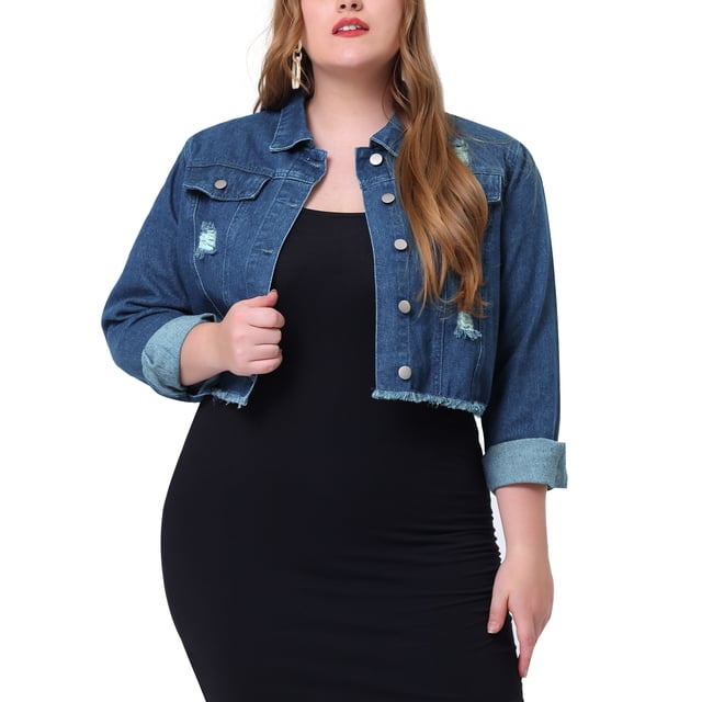 GRACE & GRANDEUR Women's Plus Size Denim Jackets Washed Button Front Long Sleeve Ripped Frayed Crop Denim Jacket 1X Dark Blue