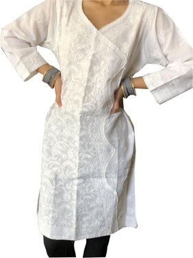 Mogul Women Tunic Dress Floral White Embroidered Cotton Summer Tunic M