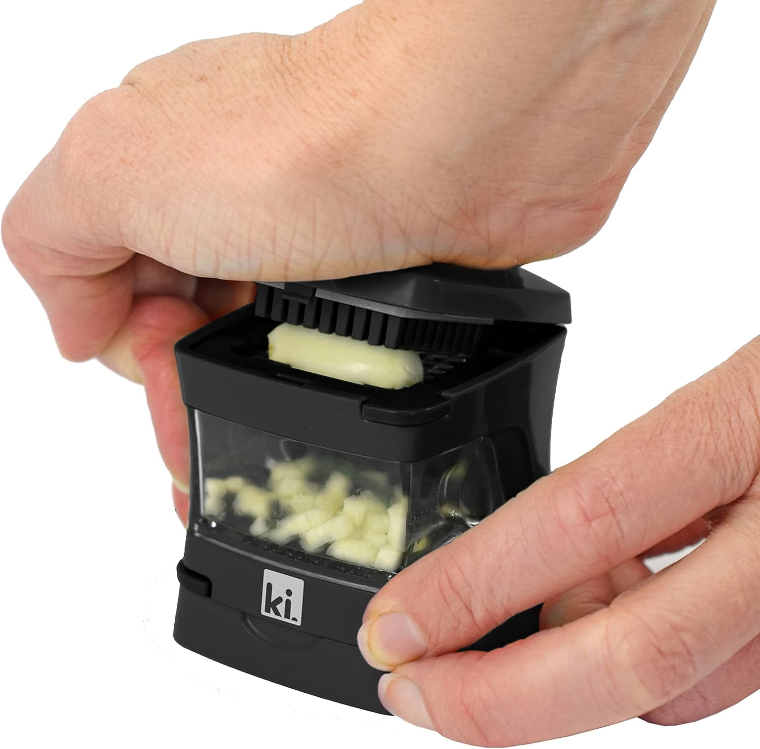 Kitchen Innovations Garlic-A-Peel Garlic Press, Crusher, Cutter, Mincer, and Storage Container - Includes Silicone Garlic Peeler - Easy to Clean - Stainless Steel Blades ‚Äì (Black), standard