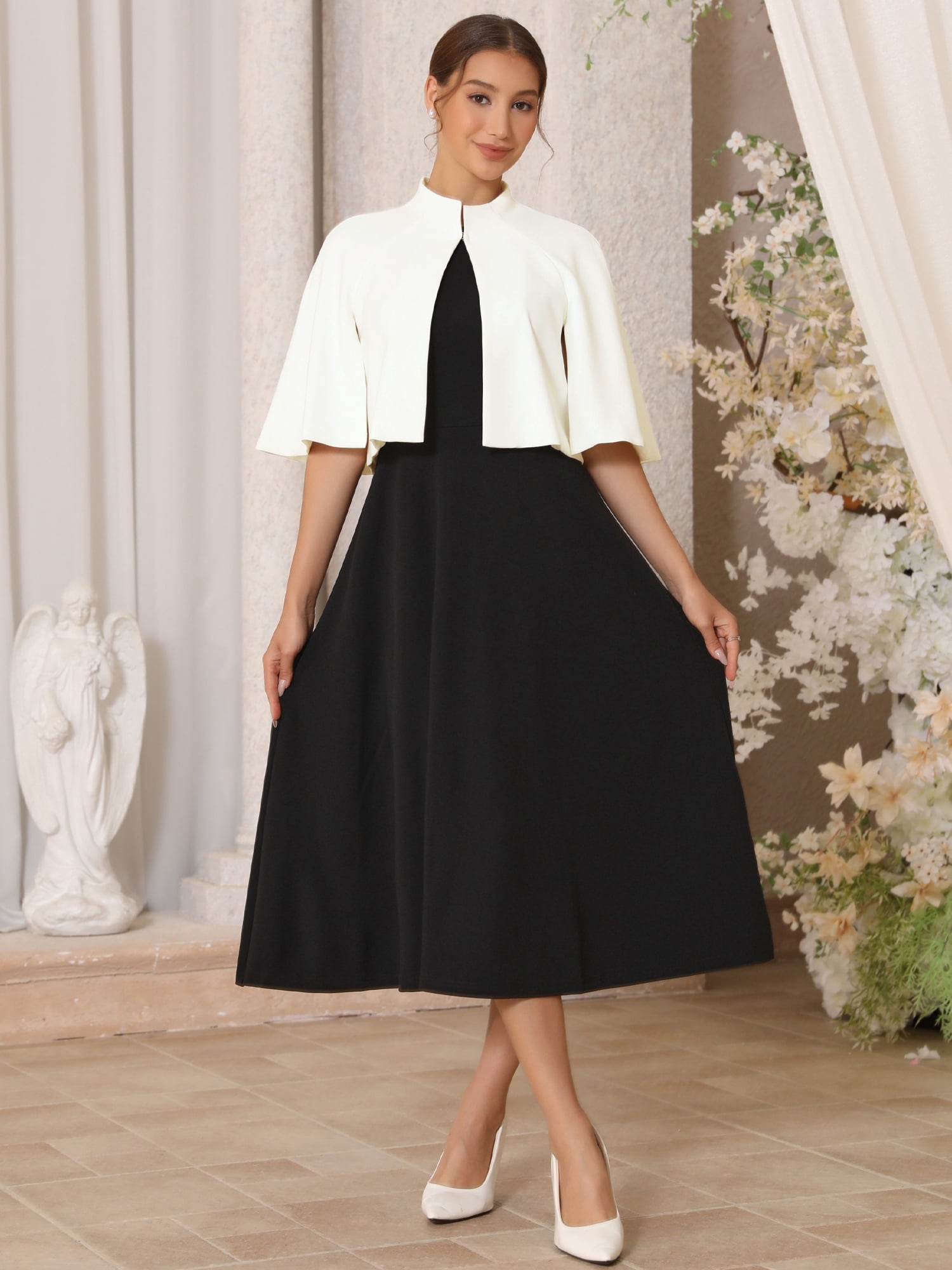 DARING DIVA Women's Formal Shrug Crewneck Split Short Sleeve Cape Blazer S White
