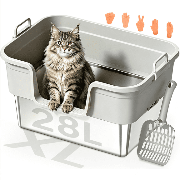 XL Stainless Steel Cat Litter Box, Open Top High Sided Metal Litter Pan with Easy Clean Design and Scoop, Light Gray