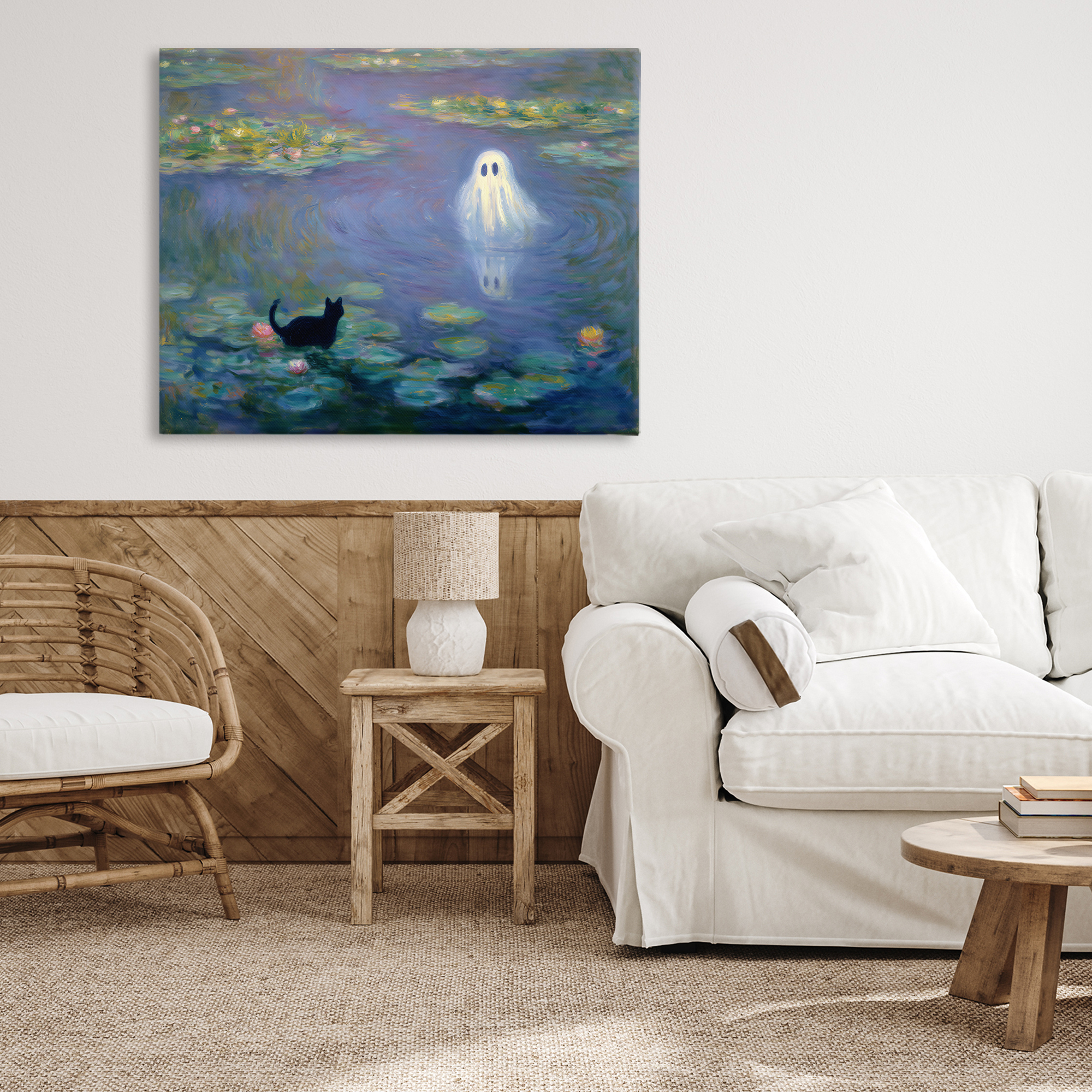 Water Lilies with Ghost & Kitty Canvas Wall Art, design by Arlington Prints