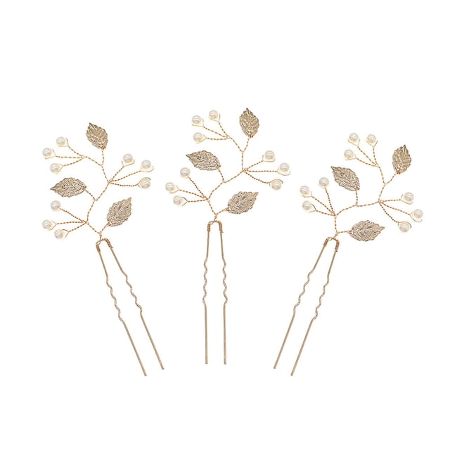 EeaseCA 3 Pcs Épingles à Cheveux en Forme de U Perles Feuilles Bâtons à Cheveux Accessoires pour Cheveux de Mariée