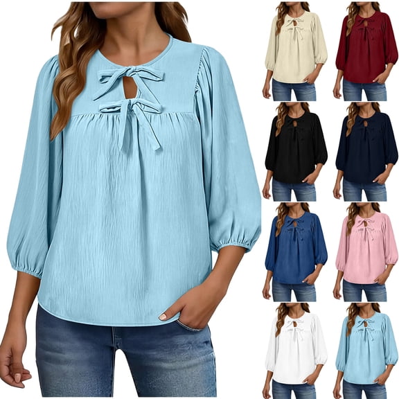 Loopsun Womens 3/4 Sleeve Fall Tops Fashion Solid Crew Neck Casual Shirt Blouse