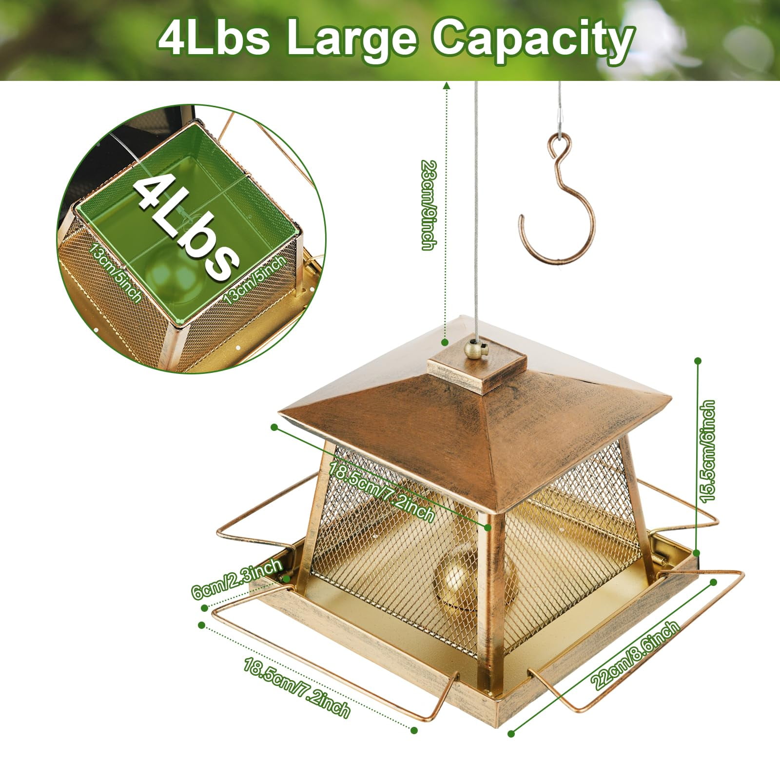 IWNTWY Wild Bird Feeder for Outdoors Hanging, 4 lb Large Capacity Gazebo Style Metal Bird Seed Feeder with 4 Perches