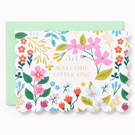 Welcome Little One Greeting Card – Floral Design with Scalloped Edges – Perfect New Baby Card with Envelope Included