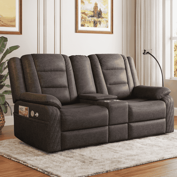 Loveseat Recliner Sofa, Manual Reclining Sofa with Console, Faux Leather Recliner Chair for Living Room, RV, Brown