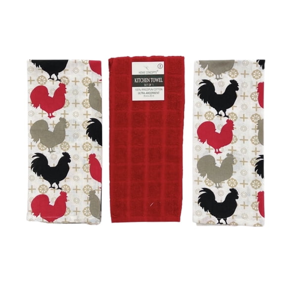 Country Roosters Kitchen Towels Set Of 3: Contemporary Pattern Print on Flat Cotton Weave, Red Black Grey Beige (Multi)