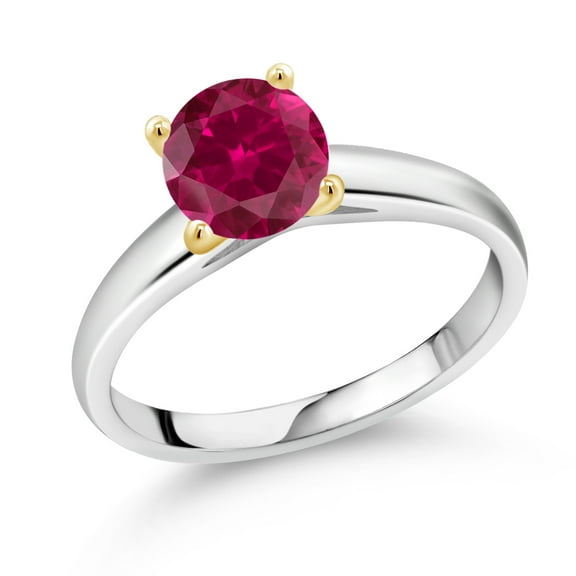 Gem Stone King 1.55 Ct 7mm Round Red Created Ruby 925 Silver and 10K Yellow Gold Ring Ring (Size 6)